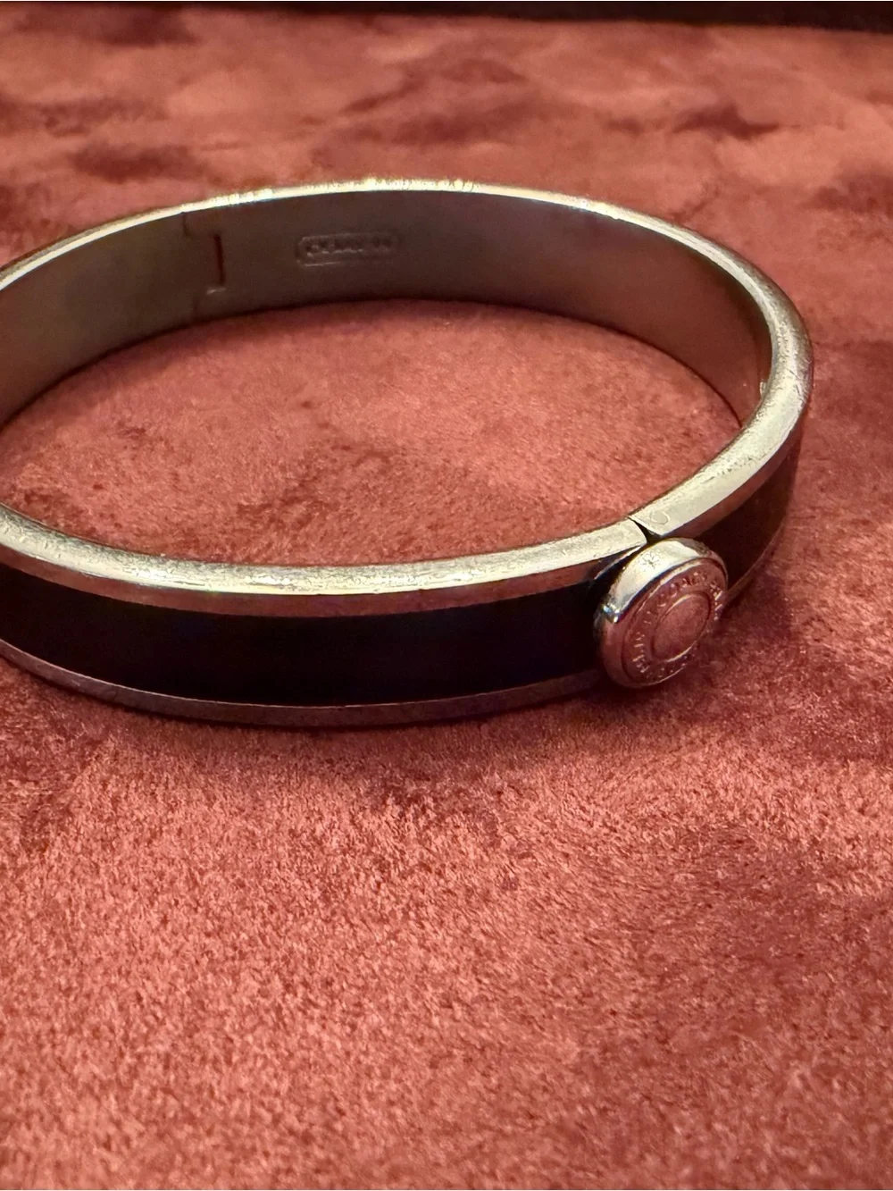 Coach Silver-Tone & Black Enamel Hinged Bangle Bracelet - Classic Logo Button